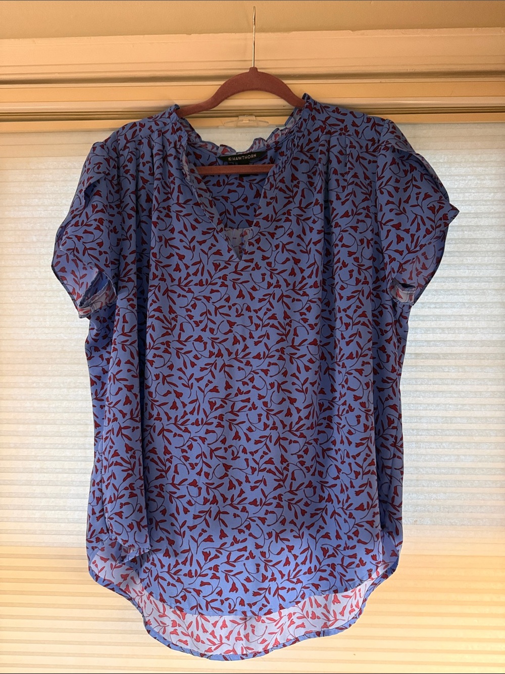 Hawthorn Periwinkle Blue Short Sleeve Red Leaf-Print Blouse